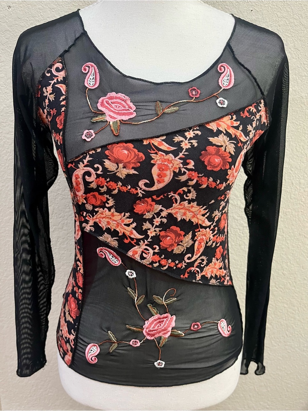 Floral Mesh Panel Long-Sleeve Blouse - Black with Rose Print
